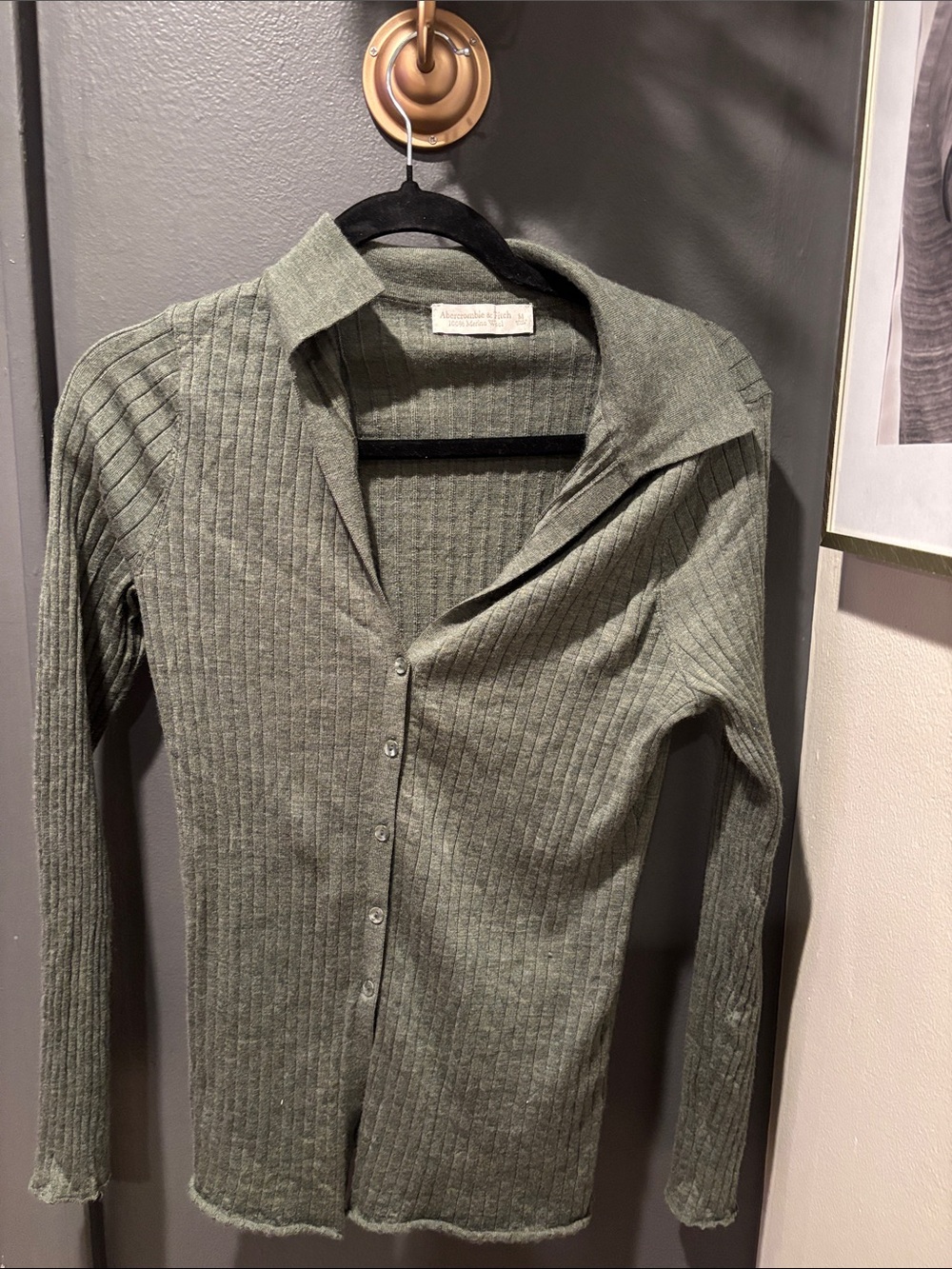 Abercrombie & Fitch Olive Green Ribbed Button-Down Shirt